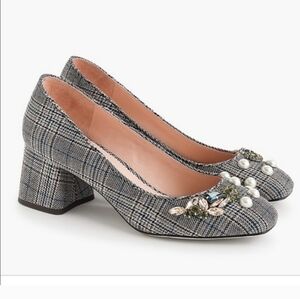 J. Crew Gray Plaid Heels with Pearl Embellishments